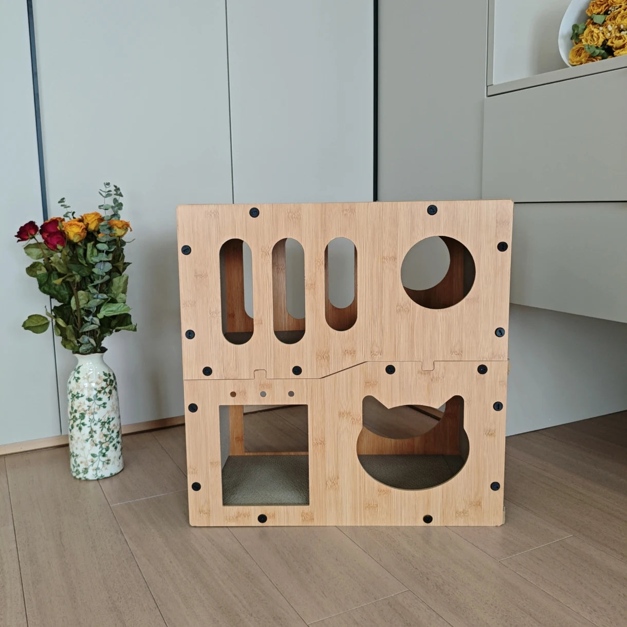 Modern Outdoor Cat Scratcher Nest Solid Pattern Corrugated Cardboard Pet House Wood Construction Button Small Animals Living - Image 2