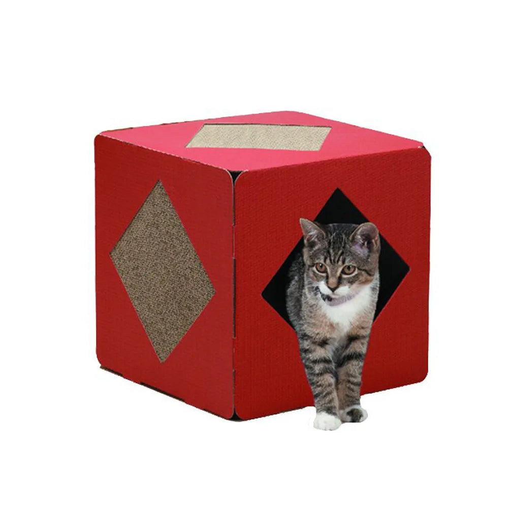 High Quality Corrugated Paper Board Cat Scratcher Cube Floral Animal Pattern Corrugated Paper House Wholesale Wool Carton