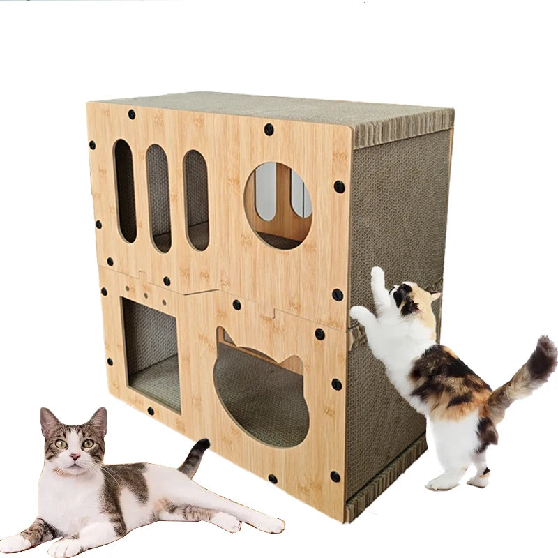 Modern Outdoor Cat Scratcher Nest Solid Pattern Corrugated Cardboard Pet House Wood Construction Button Small Animals Living - Image 3